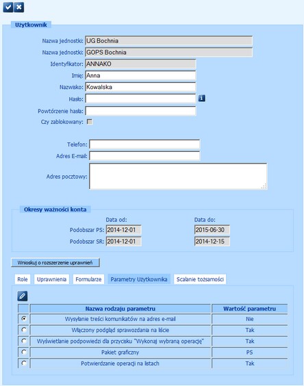 parametry uzytkownika