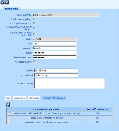 parametry uzytkownika